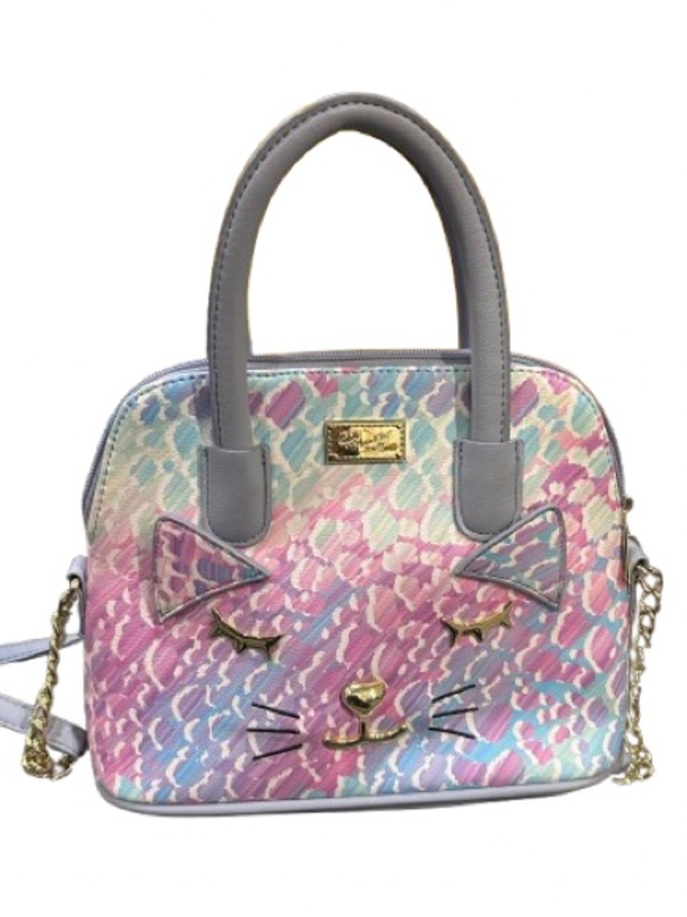 Luv Betsey Johnson Lini Cat Face Satchel Purse Pastel Rainbow Leopard Dome Bag